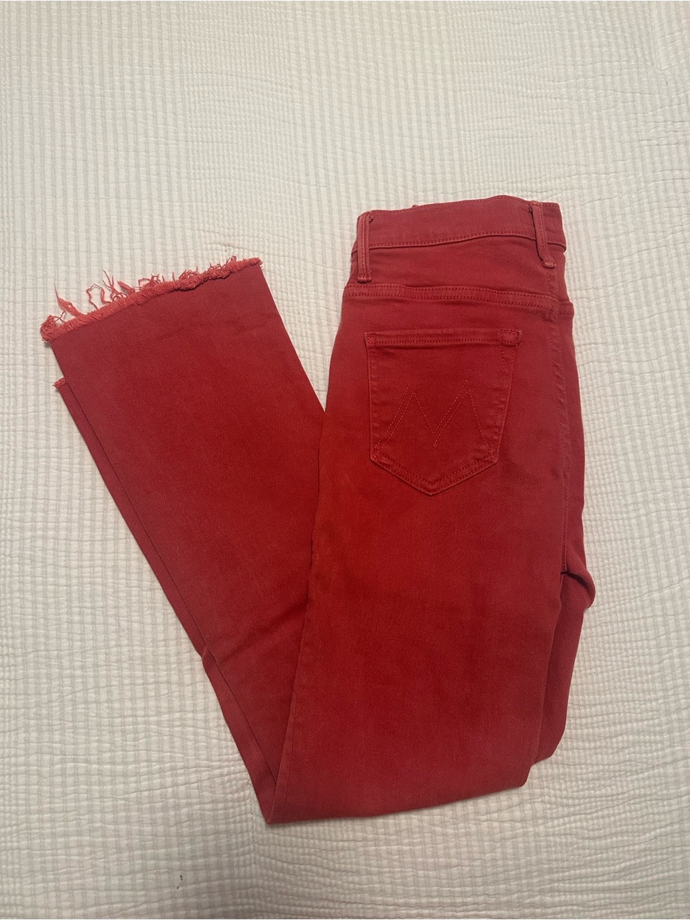 MOTHER Red Frayed-Hem Ankle Jeans